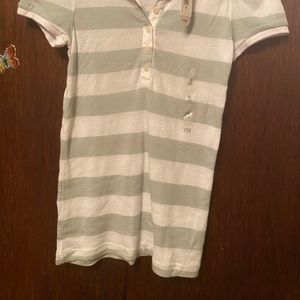 Light olive green and white stripe collared shirt. Great for back to school!